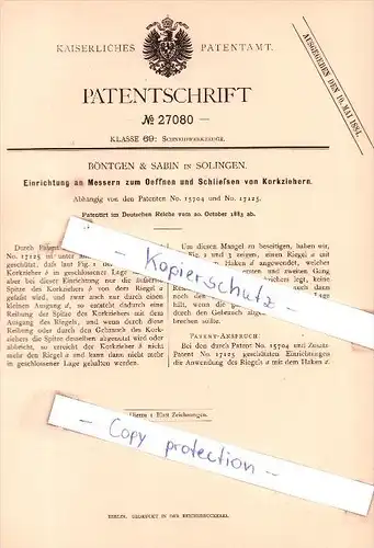 Original Patent - Böntgen & Sabin in Solingen , 1883 , Oeffnen unnd Schließen von Korkziehern !!!