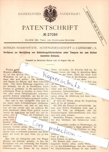 Original Patent - Königin-Marienhütte, Actiengesellschaft in Cainsdorf i. S. , 1883 , !!!