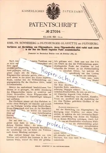 Original Patent - Emil Fr. Rönneberg in Flensburger Glashütte bei Flensburg , 1883 , !!!