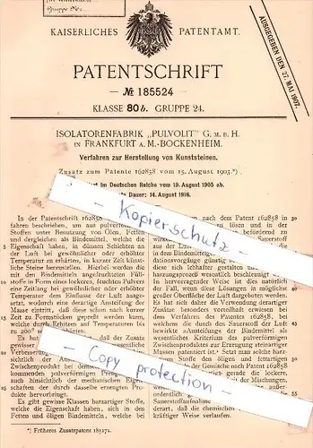 Original Patent - Isolatorenfabrik "Pulvolit" G. m. b. H. in Frankfurt a. M.-Bockenheim , 1903 , !!!