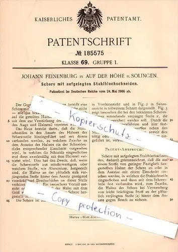 Original Patent - J. Feinenburg in auf der Höhe b. Solingen , 1906 , Schere mit Stahlblechschneiden !!!