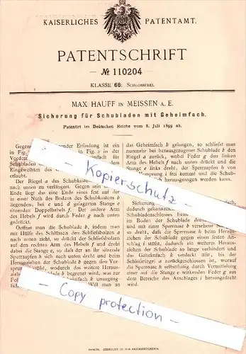 Original Patent - Max Hauff in Meissen a. E. , 1899 , Sicherung von Schubladen mit Geheimfach !!!