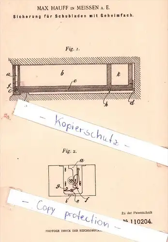 Original Patent - Max Hauff in Meissen a. E. , 1899 , Sicherung von Schubladen mit Geheimfach !!!