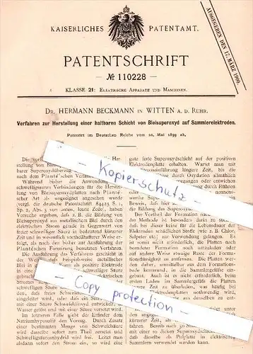 Original Patent - Dr. H. Beckmann in Witten a. d. Ruhr , 1899 ,  Herstellung von Bleisuperoxyd !!!