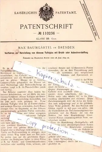 Original Patent - Max Baumgärtel in Dresden , 1899 , Herstellung von Tafelglas !!!