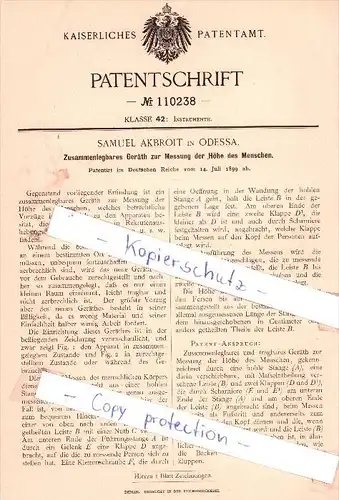 Original Patent - Samuel Akbroit in Odessa , 1899 , Geräth zur Messung der Höhe des Menschen , Russland !!!