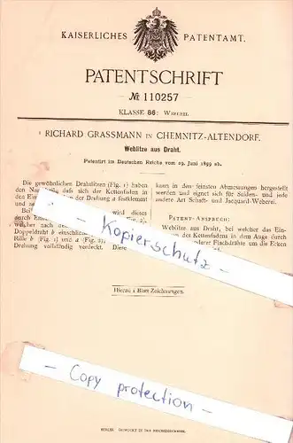 Original Patent - Richard Grassmann in Chemnitz-Altendorf , 1899 ,  Weblitze für Draht !!!