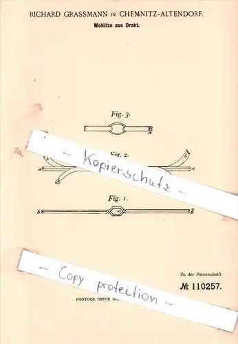 Original Patent - Richard Grassmann in Chemnitz-Altendorf , 1899 ,  Weblitze für Draht !!!