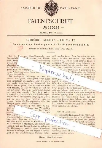 Original Patent - Gebrüder Goeritz in Chemnitz , 1899 , Kantergestell für Plüschwebstühle !!!