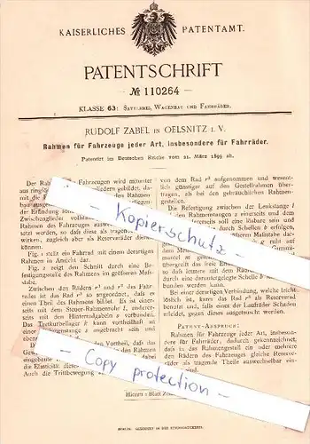 Original Patent - Rudolf Zabel in Oelsnitz i. V. , 1899 , Rahmen für Fahrräder , Fahrrad !!!