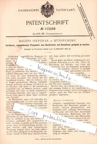 Original Patent - B. Piepgras in Düsseldorf , 1898 ,  Pergament zum Beschreiben  !!!