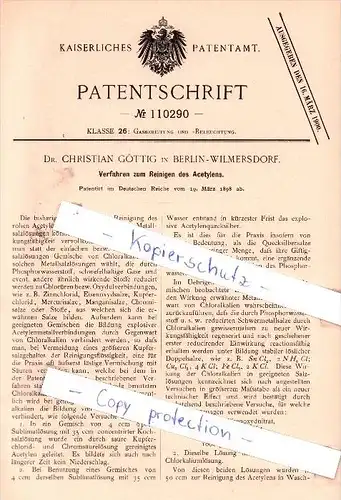 Original Patent - Dr. C. Göttig in Berlin-Wilmersdorf , 1898 , Verfahren zum Reinigen des Acetylens !!!