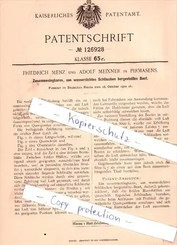 Original Patent - F. Menz und A. Meixner in Pirmasens , 1900 , Zusammenlegbares Boot !!!