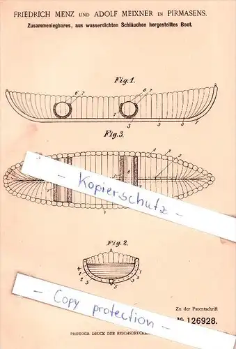 Original Patent - F. Menz und A. Meixner in Pirmasens , 1900 , Zusammenlegbares Boot !!!