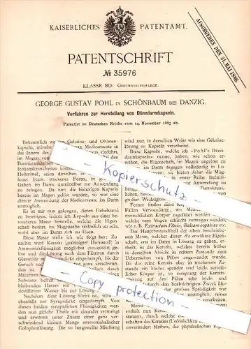 Original Patent - G. G. Pohl in Schönbaum bei Danzig , 1885 , Herstellung von Dünndarmkapseln !!!