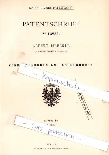 Original Patent - A. Heberle in Ueberlingen a. Bodensee , 1880 , Verbesserungen an Taschenuhren !!!