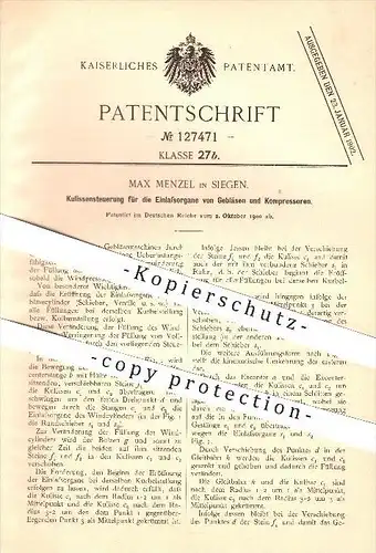 original Patent - Max Menzel in Siegen , 1900 , Steuerung für Gebläse und Kompressoren , Gasmotor , Motor , Kompressor !