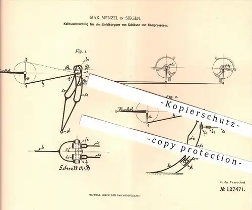 original Patent - Max Menzel in Siegen , 1900 , Steuerung für Gebläse und Kompressoren , Gasmotor , Motor , Kompressor !