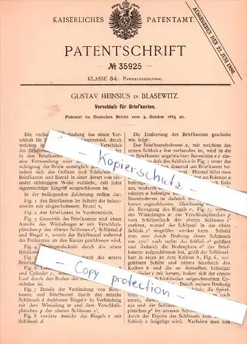 Original Patent - Gustav Heinsius in Blasewitz b. Dresden , 1885 ,  Verschluß für Briefkasten !!!