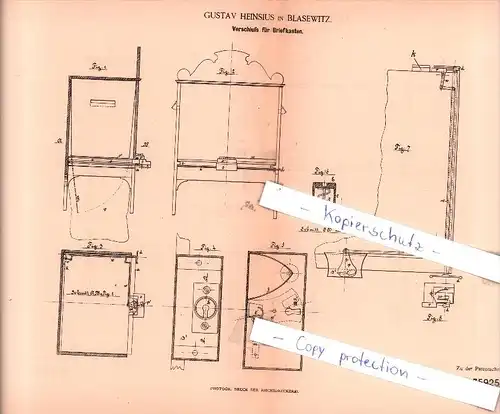 Original Patent - Gustav Heinsius in Blasewitz b. Dresden , 1885 ,  Verschluß für Briefkasten !!!