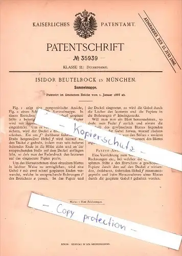 Original Patent - Isidor Beutelrock in München , 1886 , Sammelmappe !!!