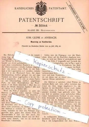 Original Patent - Joh. Glenk in Ansbach , 1885 , Neuerung an Kochherden !!!