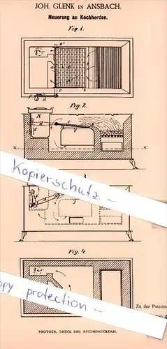 Original Patent - Joh. Glenk in Ansbach , 1885 , Neuerung an Kochherden !!!