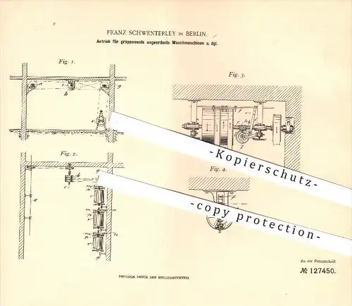 original Patent -  Franz Schwenterley in Berlin , 1900 , Antrieb für Waschmaschinen , Wäscherei , Wäsche !