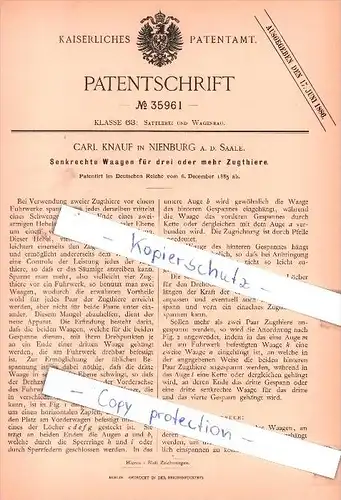 Original Patent - Carl Knauf in Nienburg a. d. Saale , 1885 , Senkrechte Waagen für Zugthiere !!!