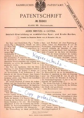Original Patent - Albin Mentzel in Gotha , 1885 , Umstell-Einrichtung an Spar- und Grude-Herden !!!