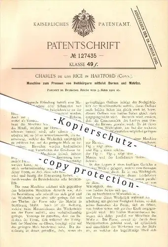 original Patent - Charles de los Rice in Hartford , Conn. , 1901 , Pressen von Hohlkörpern , Schmied , Metall , Stahl !!