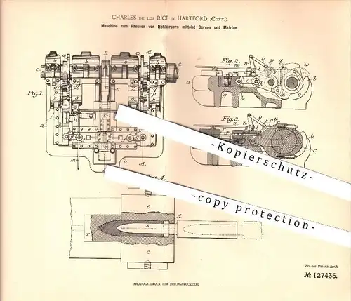 original Patent - Charles de los Rice in Hartford , Conn. , 1901 , Pressen von Hohlkörpern , Schmied , Metall , Stahl !!