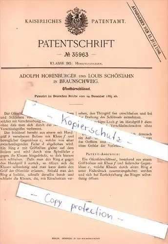 Original Patent - A. Horenburger und L. Schönjahn in Braunschweig , 1885 , Ofenthürschlüssel !!!