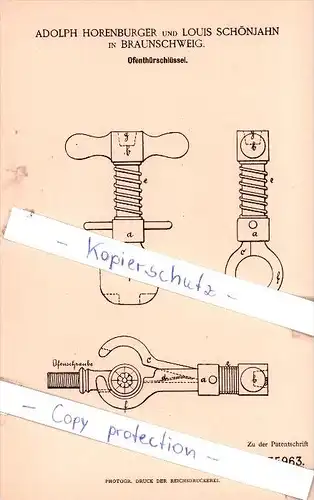 Original Patent - A. Horenburger und L. Schönjahn in Braunschweig , 1885 , Ofenthürschlüssel !!!