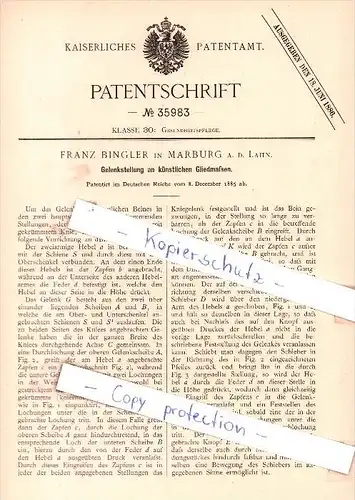 Original Patent - F. Bingler in Marburg a. d. Lahn , 1885 , Gelenkstellung an künstlichen Gliedmaßen !!!