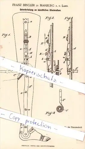 Original Patent - F. Bingler in Marburg a. d. Lahn , 1885 , Gelenkstellung an künstlichen Gliedmaßen !!!