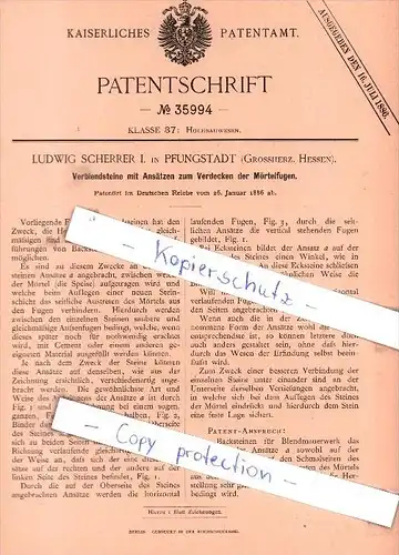Original Patent - L. Scherrer I. in Pfungstadt , Grossherz. Hessen , 1886 , Hochbauwesen !!!