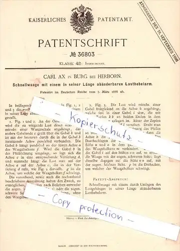 Original Patent - Carl Ax in Burg bei Herborn , 1886 , Schnellwage mit Lasthebelarm !!!