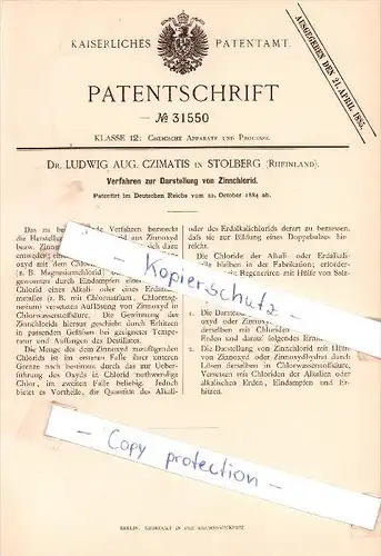 Original Patent - Dr. Ludwig Aug. Czimatis in Stolberg , Rheinland , 1884 , !!!
