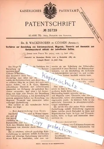 Original Patent - Dr. B. Wackenroder in Cöthen , Anhalt , 1885 ,  Chemie , Labor , Köthen !!!