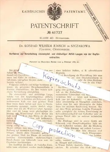 Original Patent - Dr. Konrad Wilhelm Jurisch in Szczakowa / Jaworzno , 1887 , Schlesien , Chemie !!!
