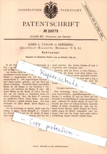 Original Patent - James L. Taylor in Ishpeming , Michigan , 1883 ,  Rohrzange , USA !!!