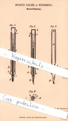 Original Patent -  Moritz Sachs in Nürnberg , 1887 ,  Bleistifthalter , Bleistift , Bleistifte !!!