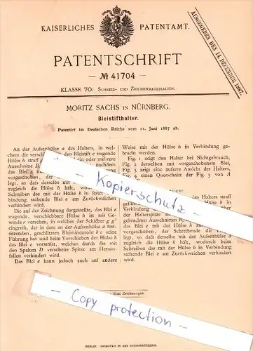 Original Patent -  Moritz Sachs in Nürnberg , 1887 ,  Bleistifthalter , Bleistift , Bleistifte !!!