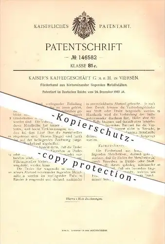 original Patent - Kaiser's Kaffeegeschäft GmbH in Viersen , 1902 , Förderband aus hintereinander liegenden Metallstäben