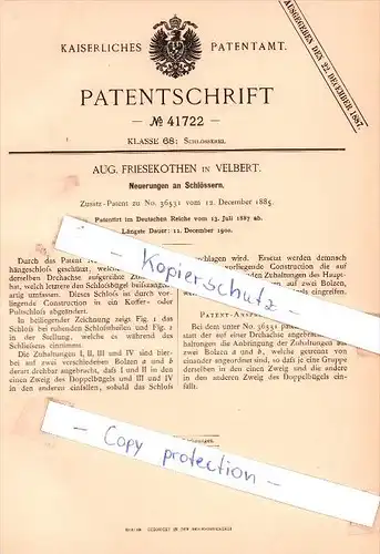 Original Patent - Aug. Friesekothen in Velbert , 1887 ,  Neuerungen an Schlössern !!!