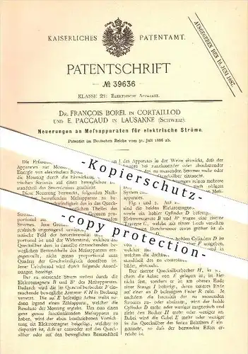 original Patent - Dr. François Borel in Cortaillod & E. Paccaud in Lausanne , 1886 , Messung elektrischer Ströme , Strom