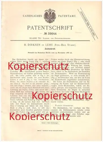 original Patent - H. Dirksen in Lehe / Bremerhaven , 1886 , Zeichenbrett , Zeichnen , Zeichnungen , Stade !!!