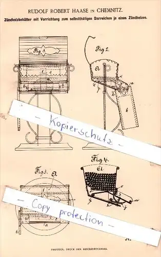 Original Patent - Rudolf Robert Haase in Chemnitz , 1887 , Zündholzbehälter , Streichholzschachtel , Zündhölzer !!!