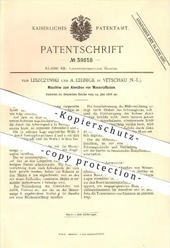 original Patent - von Leszczynski und A. Lehnigk in Vetschau , N.-L. , 1886 , Abmähen von Wasserpflanzen , Garten !!!